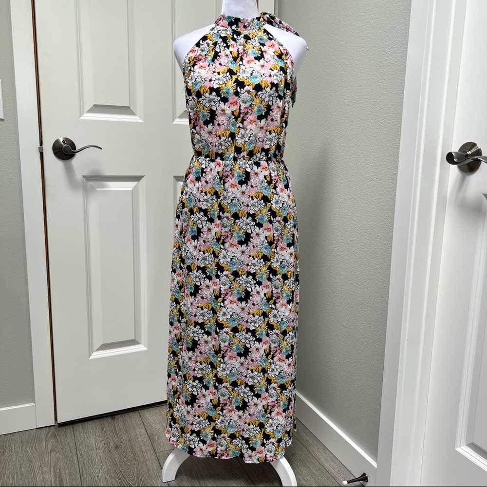 Maison Jules Black Floral Halter Maxi Dress with Pink and Yellow Flowers